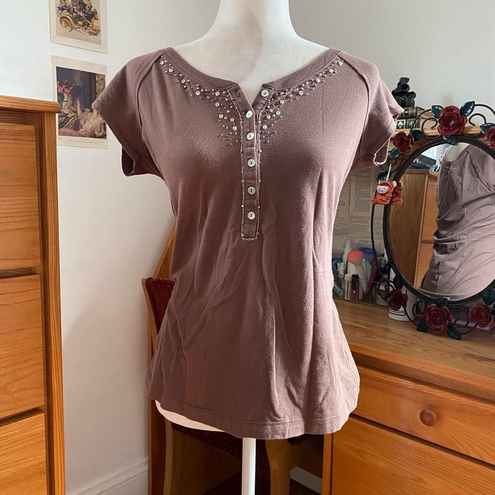 Light Brown Beaded Fairy Grunge Henley Short Sleeve Top